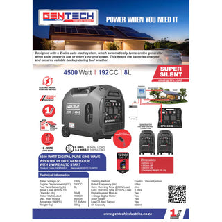 Gentech Power 4500 Watt Digital Pure Sine Wave Petrol Inverter Generator - Black   GP4500IQ