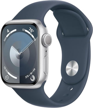 Apple Watch Series 9 (GPS 41mm) Smartwatch with Silver Aluminum Case with Storm Blue Sport Band S/M