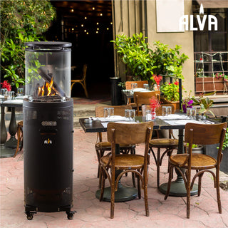 Circular Midi Stand Gas Patio Heater | Glass Enclosed Lava Rock & Logs