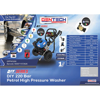 Gentech 220 BAR / 3200 PSI DIY Petrol High Pressure Washer GPPW3200  - Blue