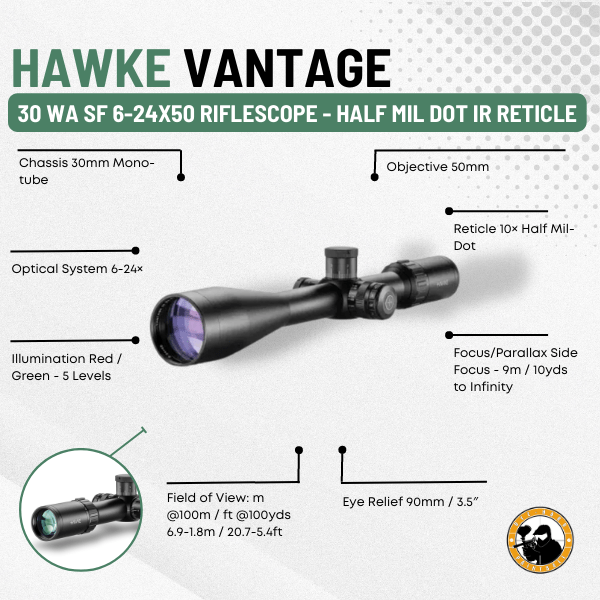 Hawke Vantage 30 WA SF 6-24×50 Riflescope – Half Mil Dot IR Reticle