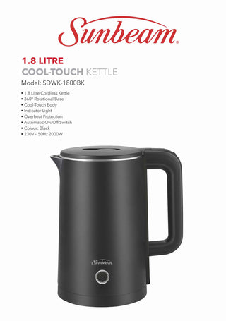 Sunbeam - 1,8L Cordless Kettle - Cool Touch Black - SDWK-1800