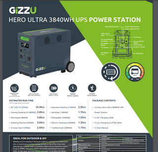 GIZZU HERO ULTRA 3840WH/3600W UPS FAST CHARGE LIFEPO4 PORTABLE POWER STATION