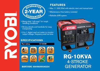 Ryobi RG-10KVA 10KVA Generator 4-Stroke Key Start