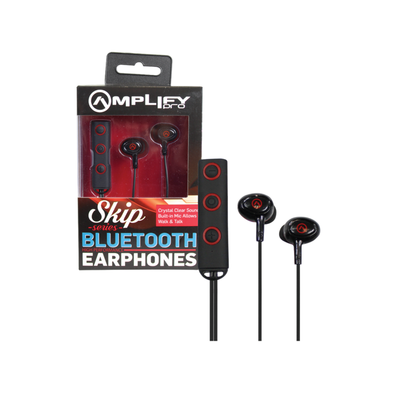 Amplify Skip Series Black and Red Bluetooth Earphones. AMP-1000-BKRD