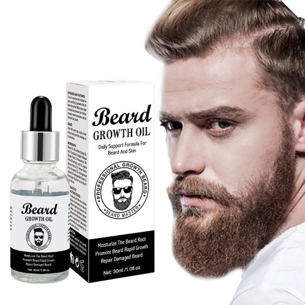 man with a beard and a bottle of beard growth oil