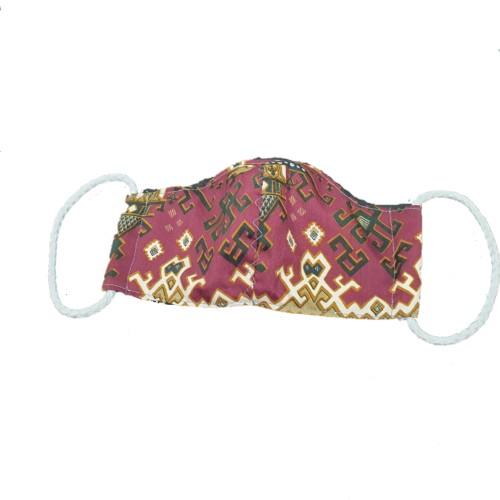 An maroon ethnic design adults 3-layer fabric mask. It has 2 elastic ear loops.