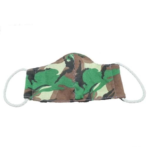 A green and brown camo adults 3-layer fabric mask. It has 2 elastic ear loops.