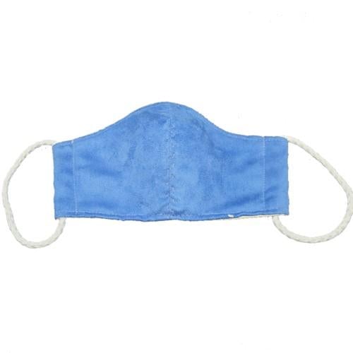 A blue suede adults 3-layer fabric mask. It has 2 elastic ear loops.
