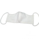 A white adults 3-layer fabric mask. It has 2 elastic ear loops.