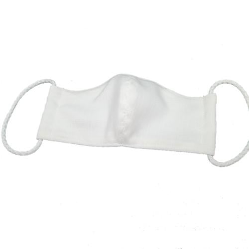 A white adults 3-layer fabric mask. It has 2 elastic ear loops.