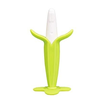 A green banana teether for babies.