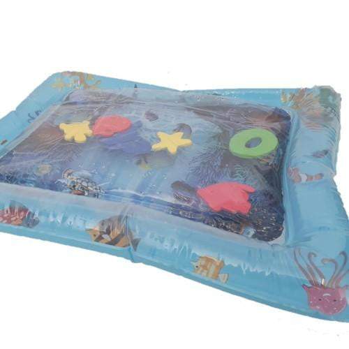 A side view of an inflatable sea-life theme water mat for babies and toddlers. the middle is filled with water and has foam toys inside.