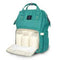 Aqua backpack nappy bag with the front pocket open. It has 3 baby bottles inside.