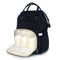 A black backpack nappy bag. The front pocket is open. It has 3 baby bottles inside.