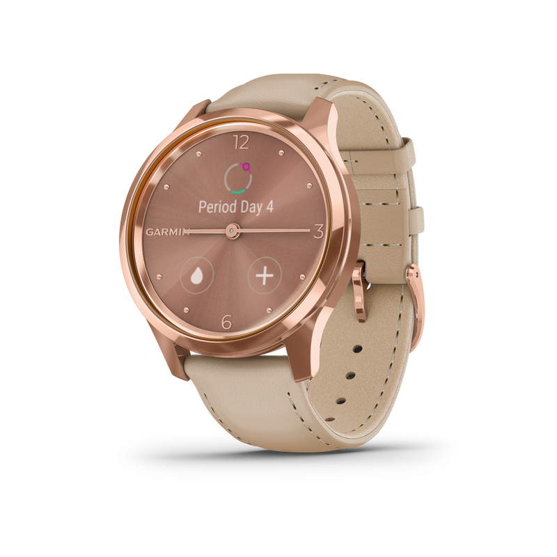 Garmin vívomove® Luxe 18K Rose Gold PVD Stainless Steel Case with Light Sand Italian Leather Band 010-02241-01