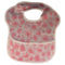 A pink camo baby bib with pocket and velcro strap.